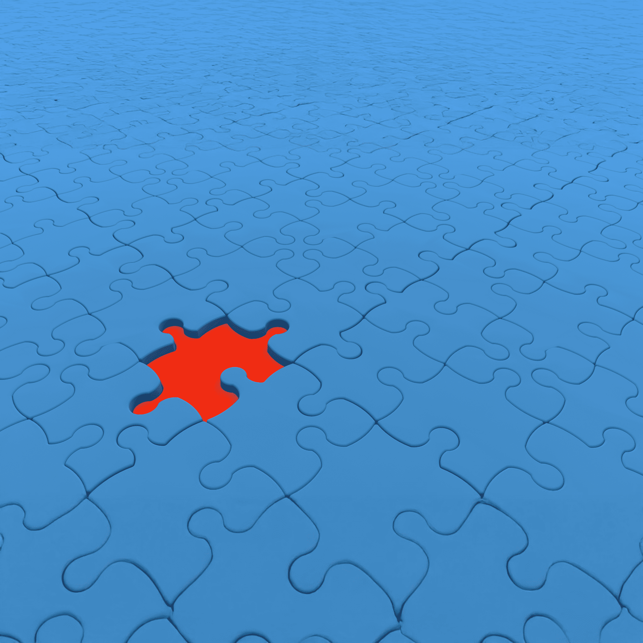 Blue jigsaw puzzle surface with one missing piece revealing bright red color beneath, illustrating gaps in a process or system.